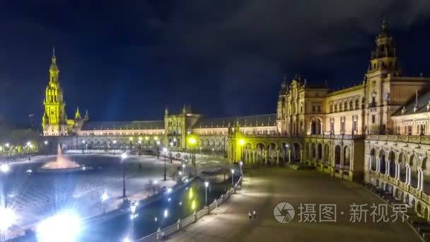 西班牙塞维利亚广场西班牙广场夜全景