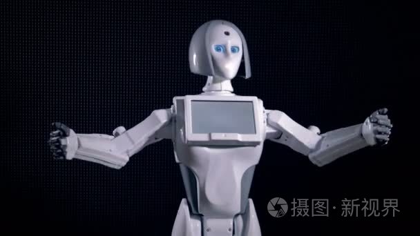 一个快速运动的白色机器人打手势和说话