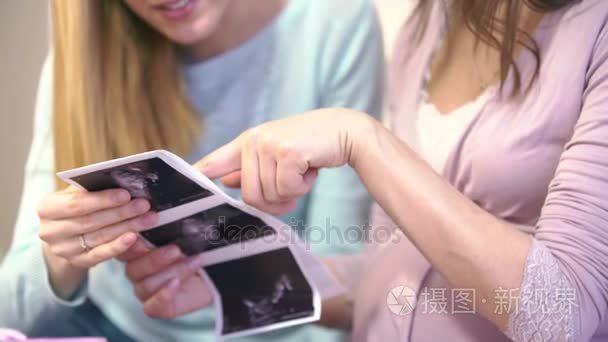 怀孕的妇女和她的朋友考虑照片3d 超声胎儿子宫