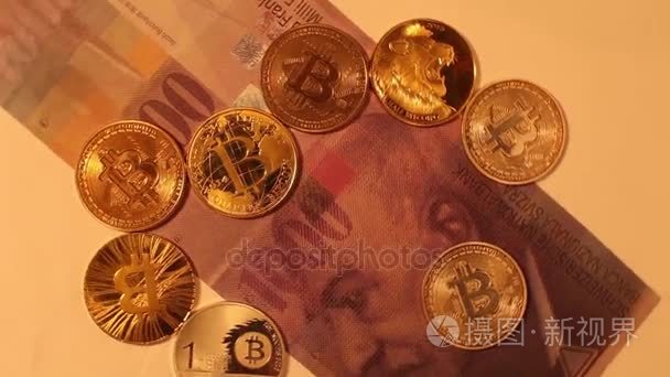 瑞士1000法郎钞票和比特币位硬币 Btc