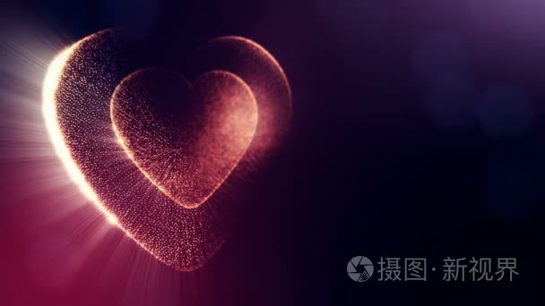 红色心脏为情人节或婚礼背景作为无缝素材以景深和散在黑暗的背景。循环3d 动画的辉光粒子形成3d 红心。V7