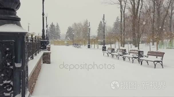 城市公园里下雪的冬日风景视频