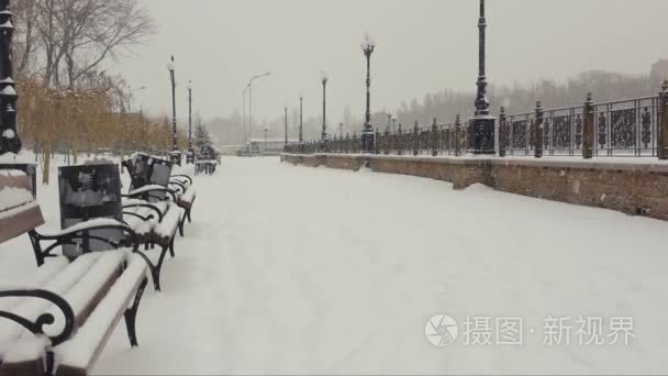 城市公园里下雪的冬日风景视频