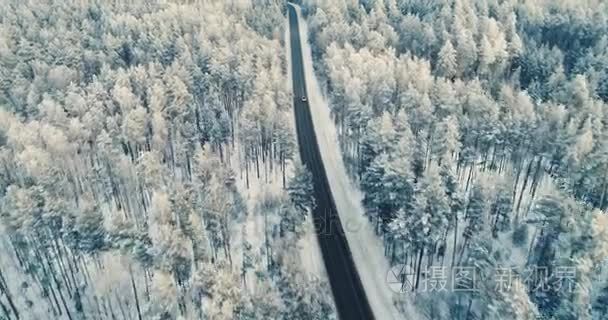 在雪林公路上驾驶的汽车鸟瞰图。4k