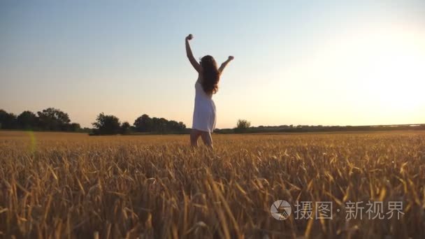 无法辨认的美丽的女孩走在麦田和举手。年轻女子去草地和享受自由。夏季休闲在自然概念。侧视图关闭慢动作