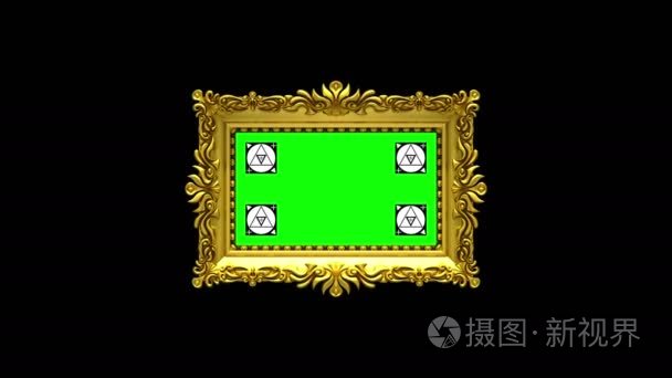 镜头在黑色背景上放大成金色的镜框。包括运动跟踪标记和绿色屏幕。3d 动画视频