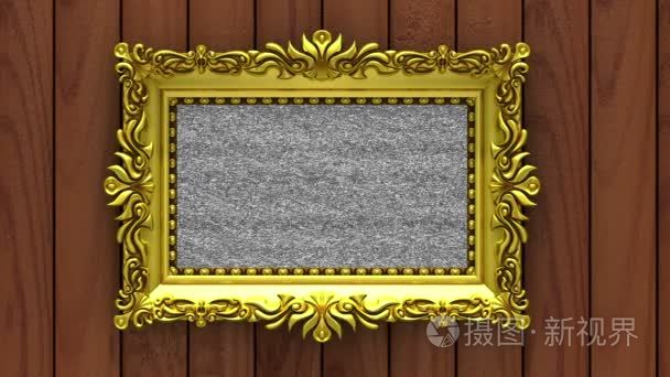 相机在棕色木背景上沿着金色的镜框移动。无缝环形3d 动画。带有电视噪声和绿色屏幕的样机