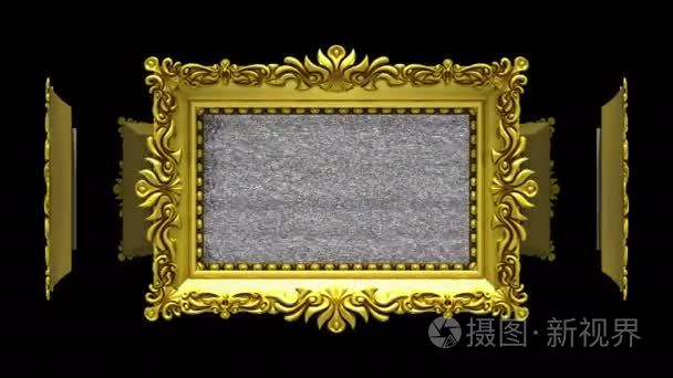 华丽的金色镜框在黑色背景的圆圈中旋转。无缝环路, 3d 动画与电视噪声和绿色屏幕视频