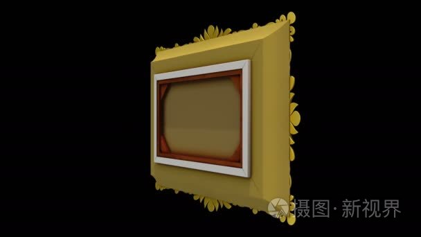 豪华的金色镜框在黑色背景上旋转。电视噪声和绿色屏幕介绍, 3d 动画视频