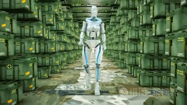 未来的人形机器人走在军事仓库视频