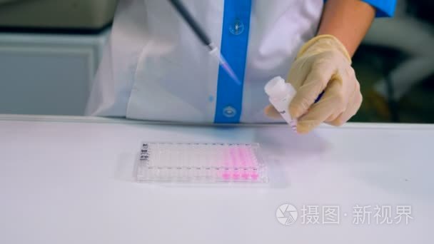 研究员手用吸管添加样品视频