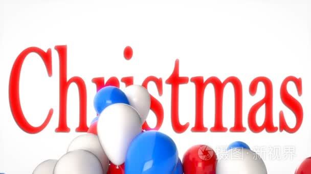 3d Cgi 视频的彩色气球飞越圣诞节的文字。冬季假期和庆典的完美素材