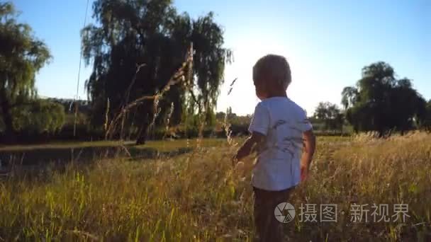 一个阳光明媚的日子  金发碧眼的小男孩在田野里走着。男孩夏天在绿草上散步。快乐的孩子享受大自然在草地上。背景优美的风景。侧面视图