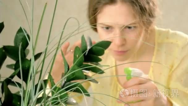 女人手喷绿植物视频