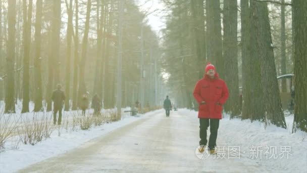 老人在阳光明媚的冬日散步视频