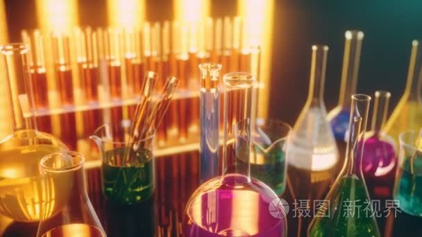 带有色液体的实验室烧瓶。科学与化学  化学概念  3d 动画4k