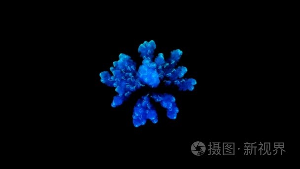 黑色背景上的蓝色粉末爆炸。3d. 动画的粒子作为彩色背景或叠加效果。爆裂的彩色油漆粉为明亮的表现如节日。15