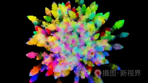 黑色背景下的粉末爆炸。3d. 将粒子动画作为彩色背景或叠加效果。彩虹色粉为明亮的展示如节日。25