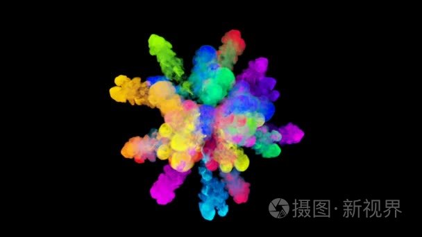 黑色背景下的粉末爆炸。3d. 将粒子动画作为彩色背景或叠加效果。彩虹色粉为明亮的展示如节日。39