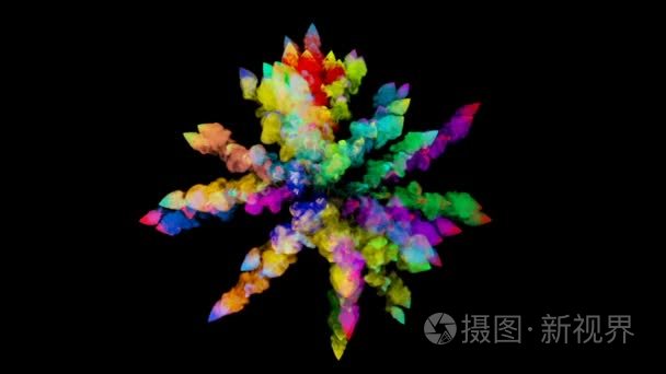 黑色背景下的粉末爆炸。3d. 将粒子动画作为彩色背景或叠加效果。彩虹色粉为明亮的展示如节日。58