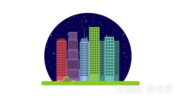 卡通城市建筑夜与晨日视频