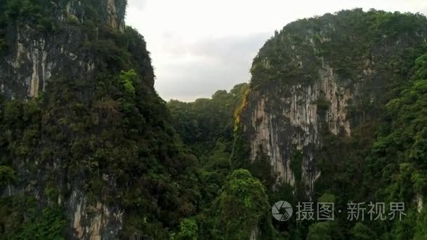 空中.令人惊叹的电影风格的大山雨林在泰国南部的视频。无人驾驶飞机穿越山顶。太阳在山后耀斑。两只鸟儿在 quadrocopter 