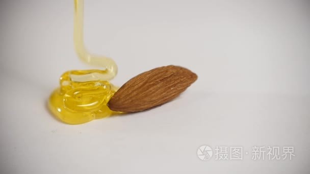 在白色背景下的杏仁上滴厚蜂蜜视频