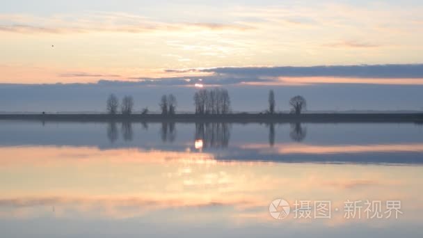 海鸥飞过湖面或河流的平静水面视频