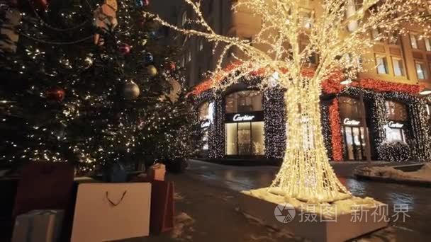 城市街道装饰树木和花环灯