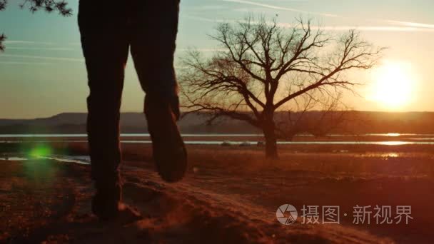在日落的路上, 一个人站在树上。在大自然中奔跑的年轻男子在松树的森林剪影的阳光。健康户外生活方式运动
