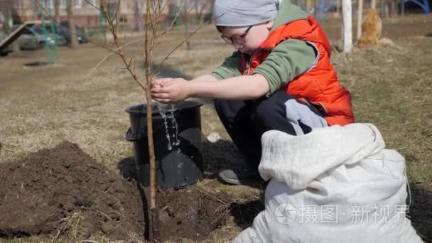 春天。一个小男孩在多层住宅楼旁边种植果树。生态  在街道上种植幼苗。滴水慢慢从孩子的小手掌下降到