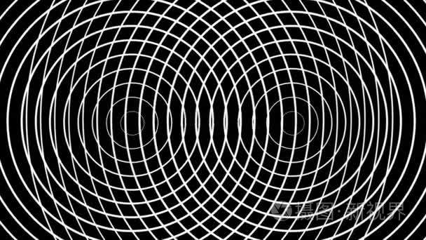 两个脉动圆圈形成同心白色圆环在黑色背景上移动视频