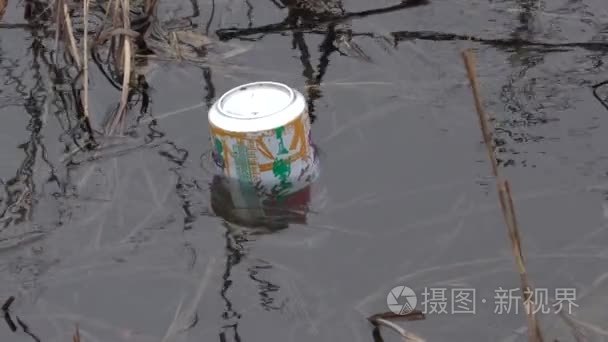 池塘里的垃圾: 一罐金属罐头从旁边的饮料岸边