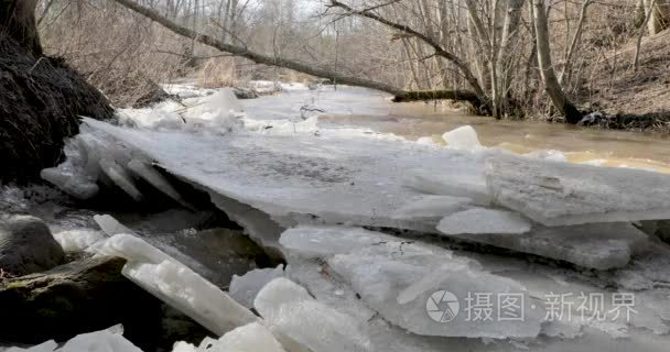 通过宽的冰叶融化和河流运动