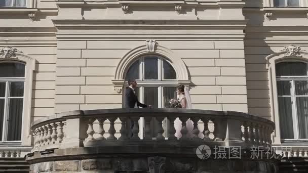 新婚夫妇漫步在公园与历史宫殿视频
