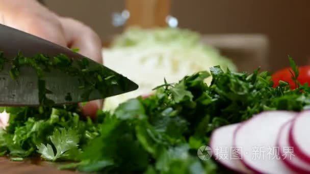 用刀子在切板上切香菜和蔬菜视频