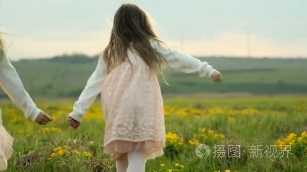 两个小女孩奔跑穿过绿色的草地视频