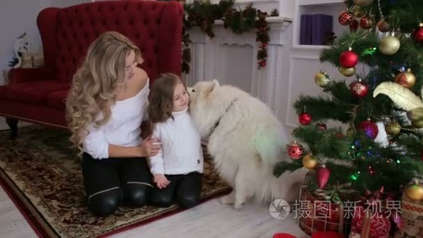 快乐家庭庆祝圣诞节与狗在家视频