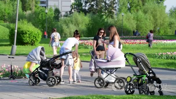 莫斯科  俄罗斯-5月15日。2018. 带推车的妈妈们沿着 Zelenograd 的林荫大道散步。