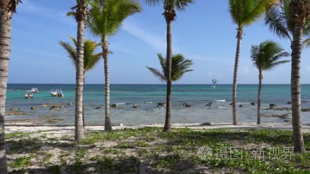 通过椰子棕榈树鸟瞰热带海滩。游客乘坐伞船与降落伞。加勒比海的绿松石水。海滨玛雅墨西哥