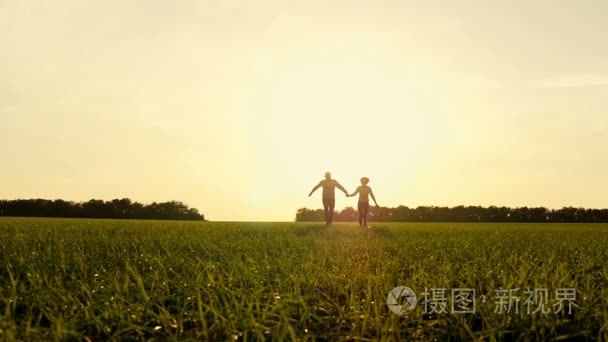 快乐的年轻夫妇牵着手  在夕阳背景下奔跑穿过广阔的田野。村。一个男人和一个女人跑在草地上缓慢的议案。幸福快乐的家庭户外。太阳的闪