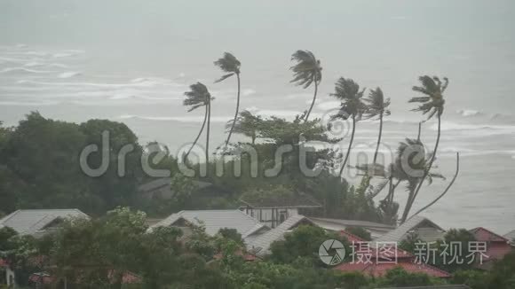 帕布台风，泰国海洋海岸。 自然灾害，眼镜飓风。 强烈的极端旋风吹袭手掌