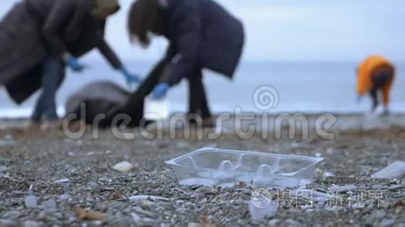 志愿者在秋天清理海滩上的垃圾。 环境问题