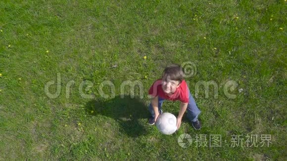 男孩举起球，站在绿色的草坪上