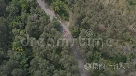 红色汽车在森林里行驶视频