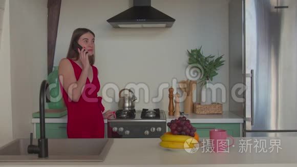 爱做饭的女人在室内打电话聊天视频