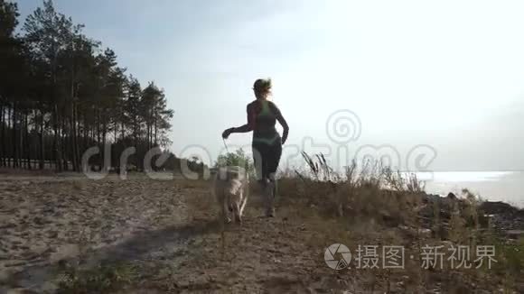 女运动员带着狗沿着海岸线奔跑视频