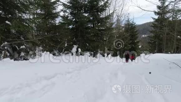 带背包的游客在冬天爬山视频