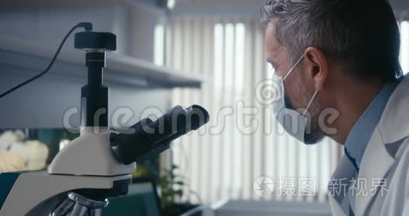 显微镜下研究植物样品的科学家视频