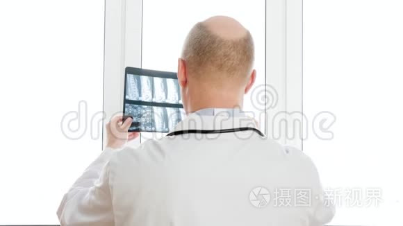 创伤学家在诊所的窗灯背景上看脊椎骨的x射线。 后景外科医生看背部X